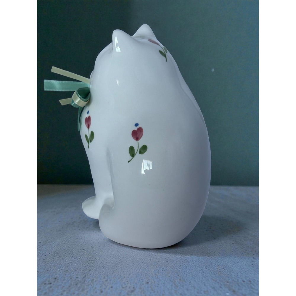 Vintage White Floral Cat Figure Porcelain Bow Chubby Hand painted Home Deco - Picture 3 of 14